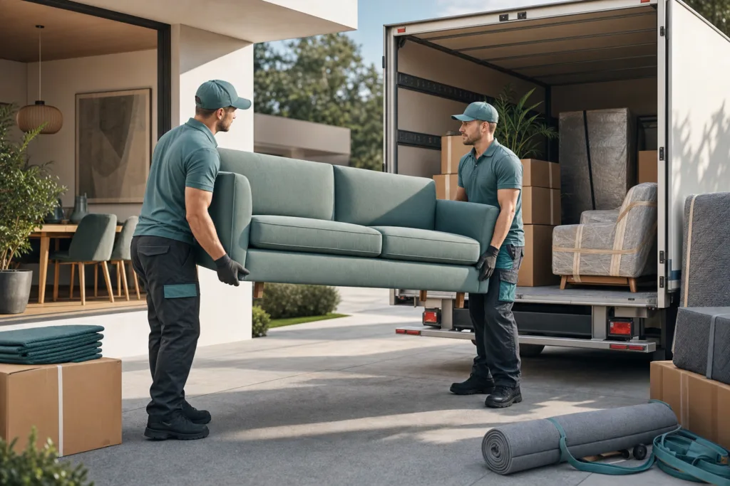 Zwei Personen tragen ein Möbelstück beim sicheren Transport in der Wohnung