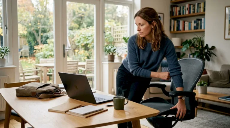 Eine Frau richtet ihren ergonomischen Bürostuhl im Homeoffice optimal ein.