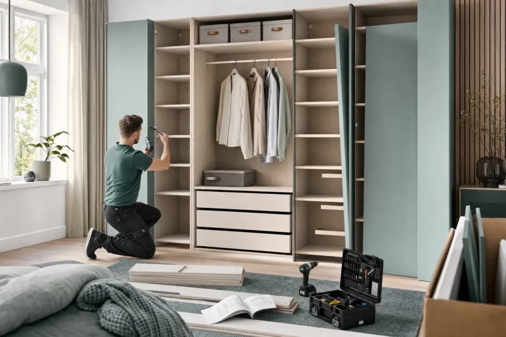 ikea pax aufbauen lassen kosten - Monteur richtet einen großen Kleiderschrank in einem hellen Schlafzimmer aus