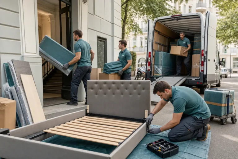 bett transportieren lassen berlin - Zwei Monteure tragen ein zerlegtes Bettgestell durch eine Berliner Wohnung