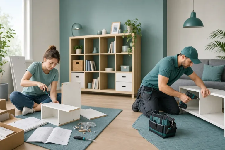 können ikea möbel selbst aufgebaut werden - Monteur richtet ein helles IKEA Regal in einer Wohnung aus