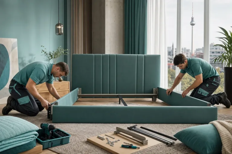 bett montieren lassen - Monteur baut ein Bett in einem hellen Schlafzimmer fachgerecht auf