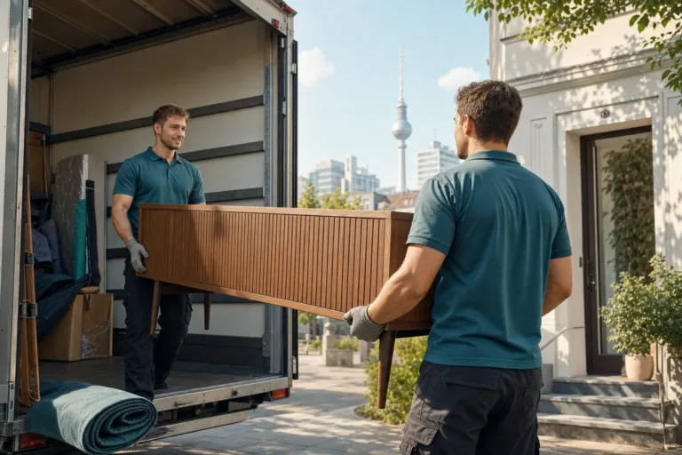möbeltransport einzelstück - Zwei Monteure tragen ein geschütztes Sofa aus einer Wohnung
