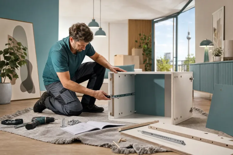 möbel falsch aufgebaut korrigieren - Handwerker prüft einen schief montierten Schrank in einer hellen Wohnung