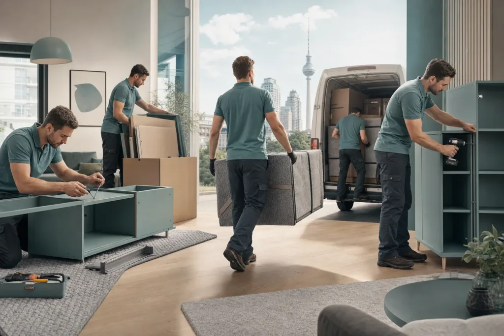 möbel abbau transport aufbau zeitplanung - Zwei Personen planen Möbeltransport und Montage in einer Wohnung