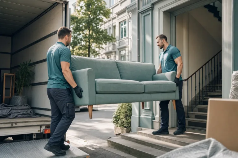 schwere möbel transportieren lassen berlin - Zwei Monteure tragen ein schweres Sofa durch ein Berliner