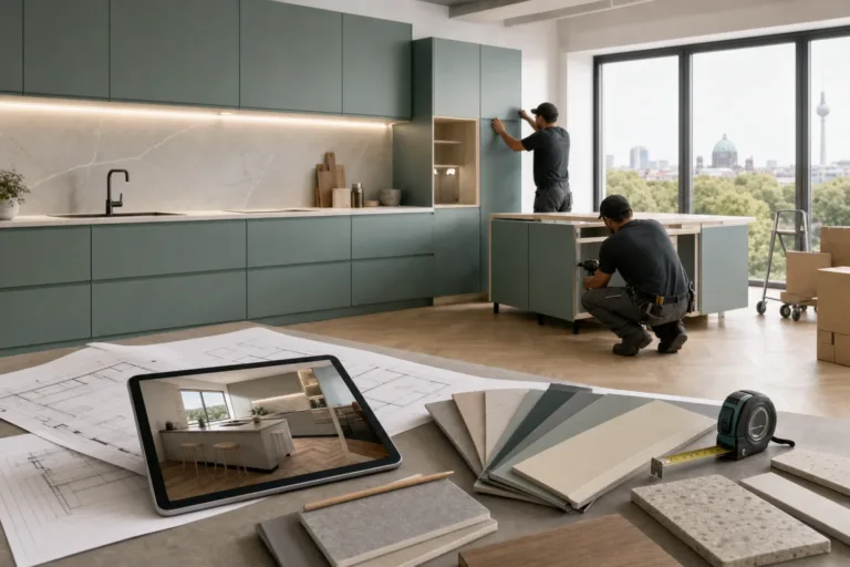 kosten küchenplanung und montage - Monteur prüft Küchenplan und Maße vor einer Küchenmontage