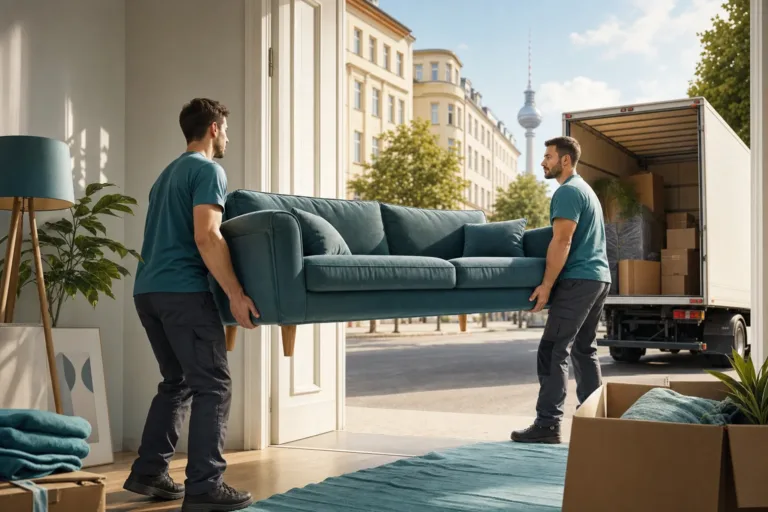 preis für sperrgut transport berlin - Zwei Monteure tragen ein großes Möbelstück durch ein Treppenhaus