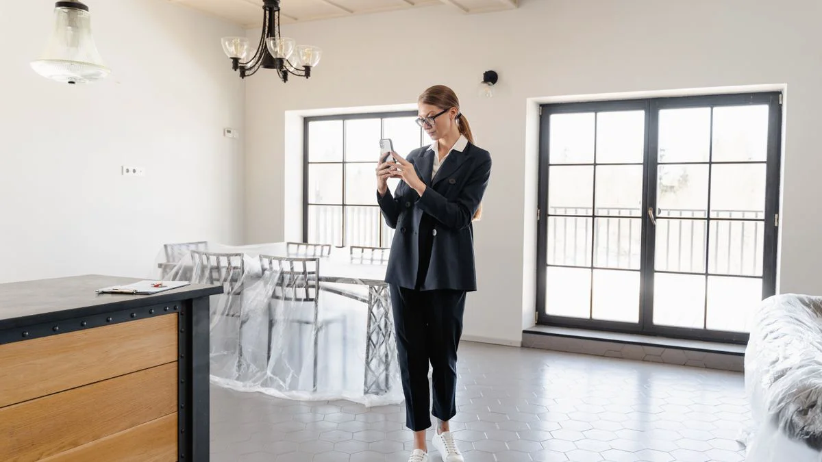 Eine Person fotografiert ein großes Möbelstück in einer Wohnung mit dem Smartphone