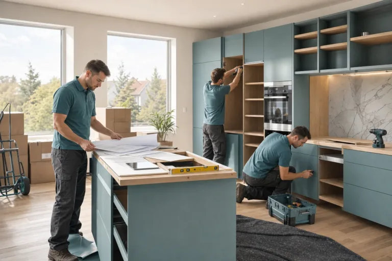 küchenplanung mit montage - Monteur richtet eine moderne Küche mit Werkzeug und Schränken aus
