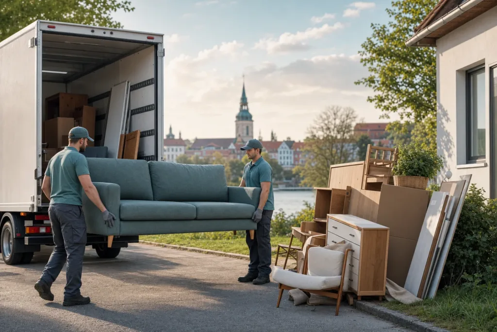 möbelentsorgung kosten - Zwei Transportmitarbeiter tragen ein Sofa aus einer Wohnung zur Abholung