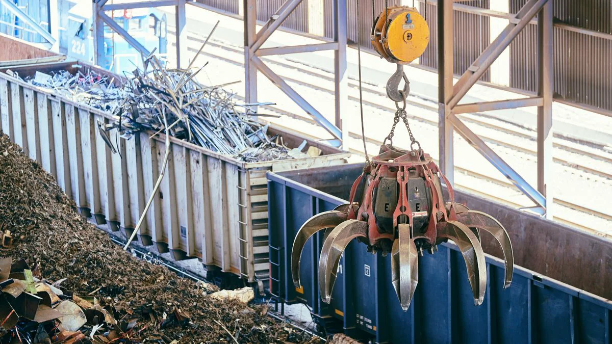 Getrennte Holz- und Metallreste auf einem Recyclinghof.